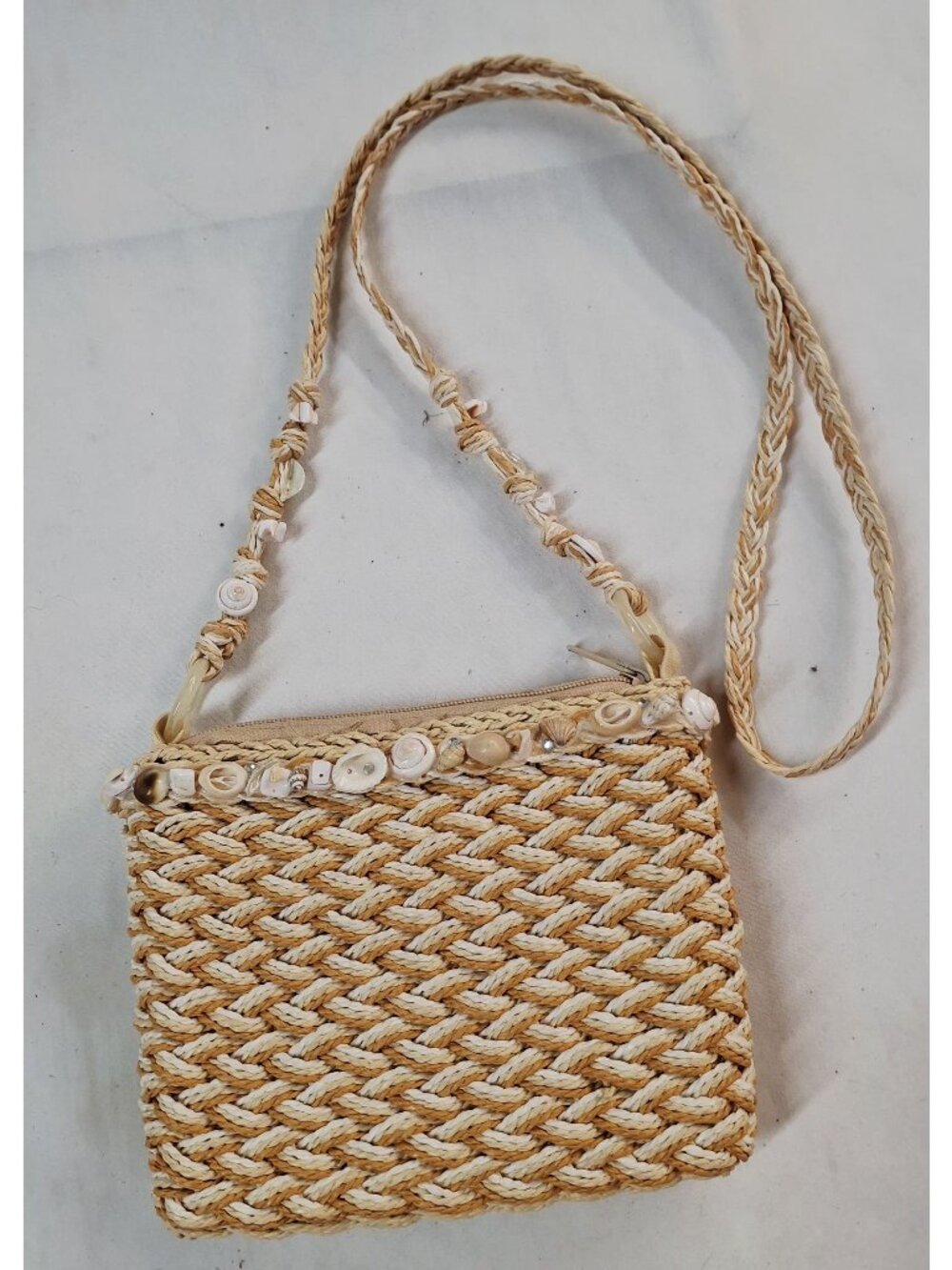 Woven Raffia Crossbody Bag With Seashell Detail Cappelli Straworld 9" x 7" Beige